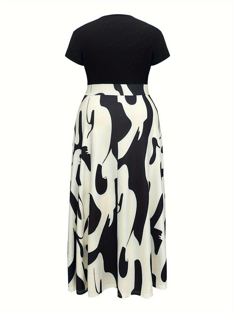 Übergröße Color-Block A-Linien-Kleid - Kurzärmlig, Schlankmachend, Vielseitig, Europäischer & Amerikanischer Stil für Frühling/Sommer