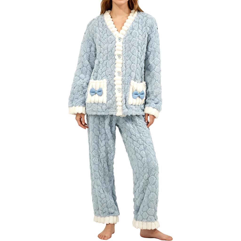 Damen Langarm Flanell Verdickt Warm Hausanzug Strickjacke Set für Oberbekleidung