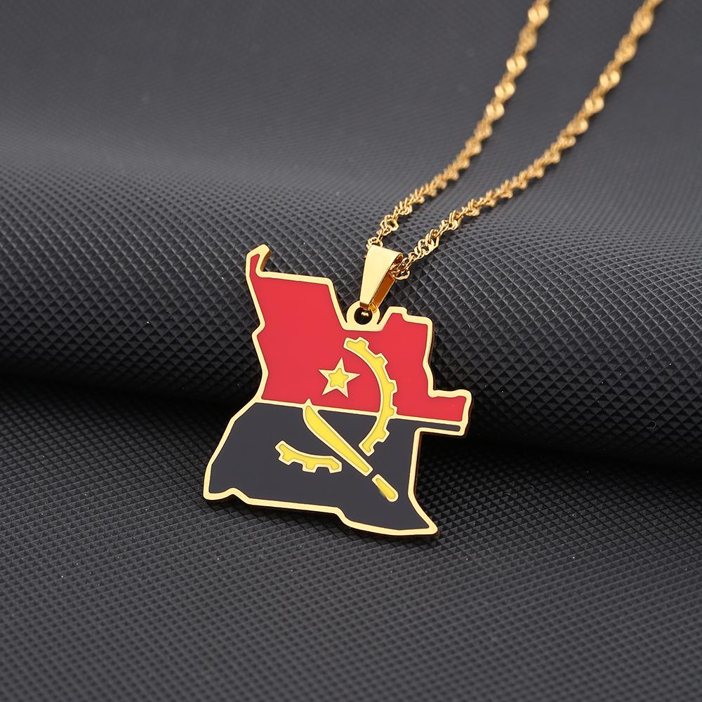SONYA Enamel Drop Oil Angola Map Flag Pendant Necklace For Women Girls Stainless Steel Angolan Jewelry Ethnic Party Gifts 45cm or 17.7 Inches