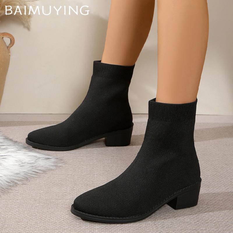 Knitting Women Snow Ankle Boots Designer Mid Heels Shoes Winter Classic Sock Boots Tremd Winter Pumps Goth Botas De Mujer