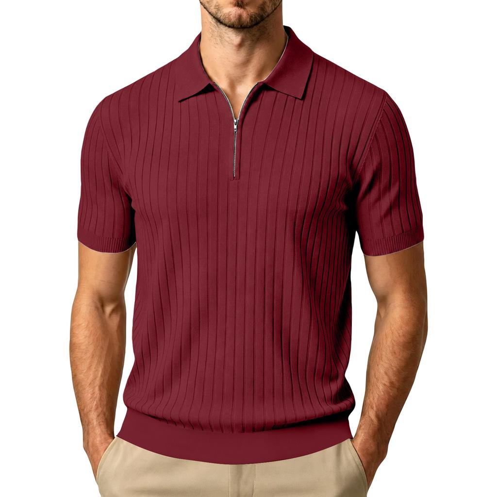 Men's Summer Short Sleeve Polo Shirt Ribbed Knit Half Zip Collar Casual Lightweight Breathable Pullover Top for Everyday Wear