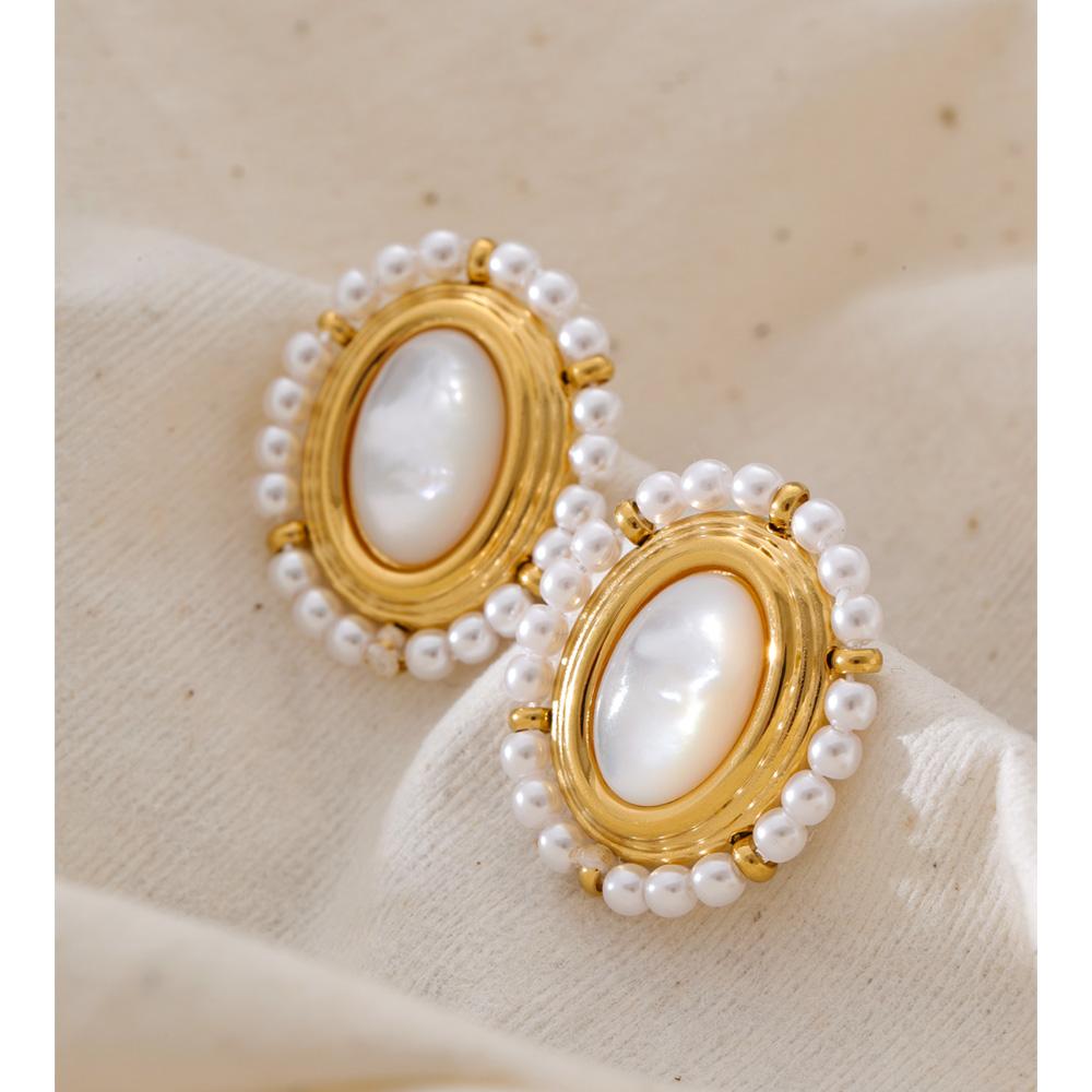 Eetit France Style Fashion Stainless Steel Stud Earrings Inlaid Thicker Natural Shell Stone Imitation Pearls Waterproof Jewelry