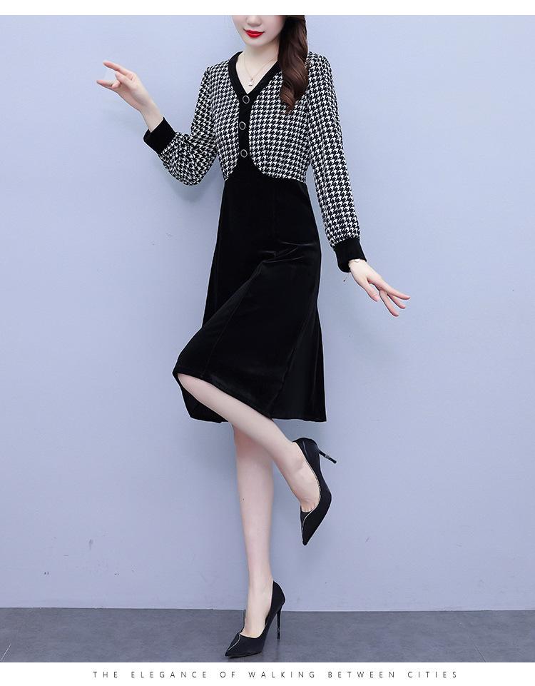 Women's Houndstooth Velvet Patchwork High Waist Midi Dress