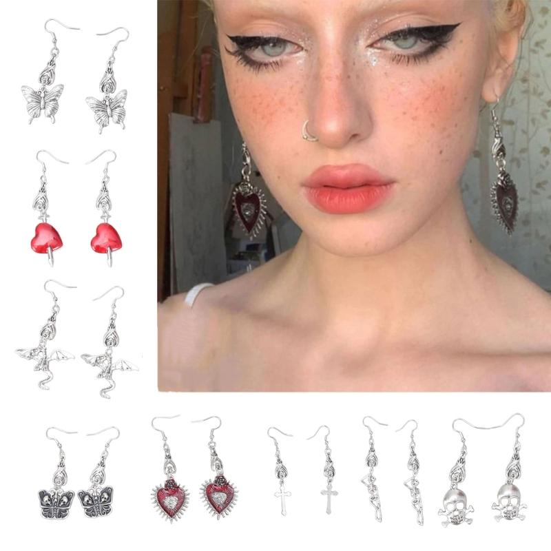 9x Goth Mysterious Drop Earring Jewelry Rose Heart for Butterfly Bat Skull for Cross Pendant Charm Vintage Earring For W