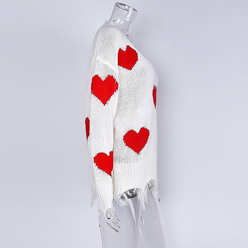 Women's Autumn and Winter Loose Pullover Love Patchwork V-neck Knit Sweater
