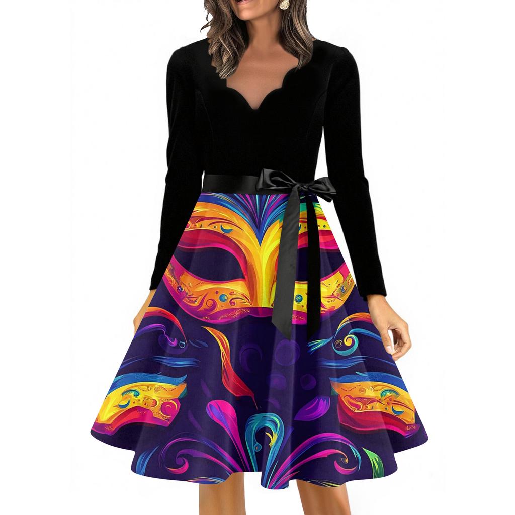 Dámské ležérní módní šaty s výstřihem do V, dlouhým rukávem, s potiskem, vintage, dlouhé