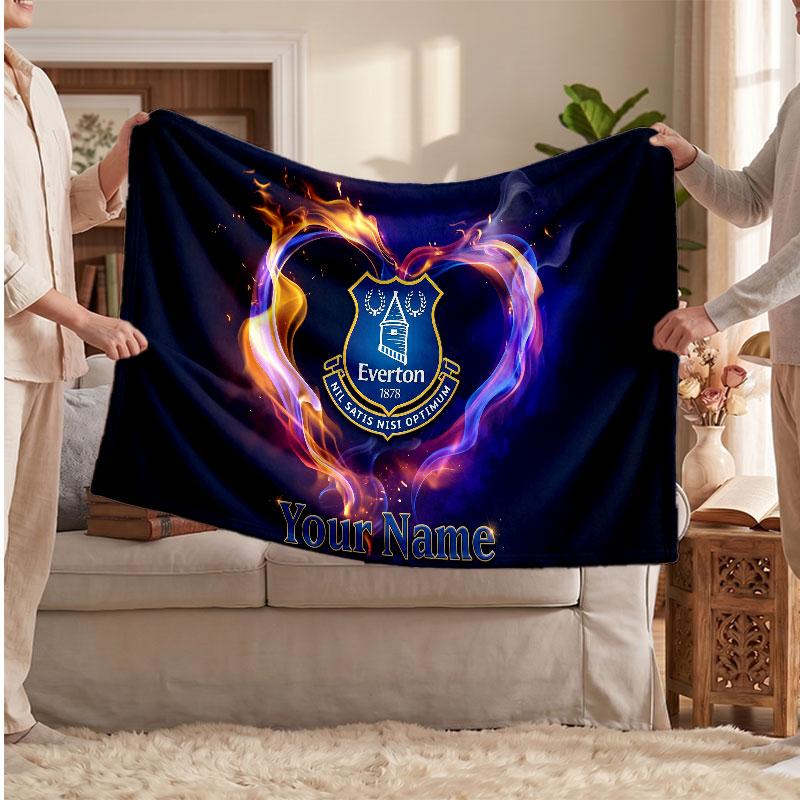 Everton FC Personalized Fleece Blanket With Football Logo, Custom Name Text Soft Warm Home Throw Blanket