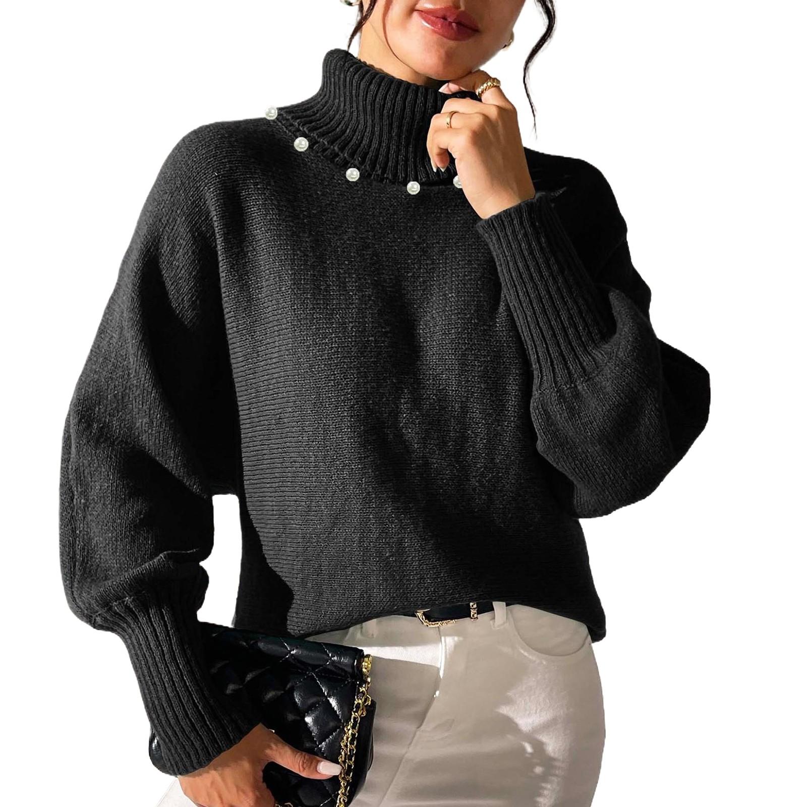 Женское осенне-зимнее базовое пальто с однотонным верхом и жемчужными бусинами для ногтей, свитер с высоким воротом L чёрный