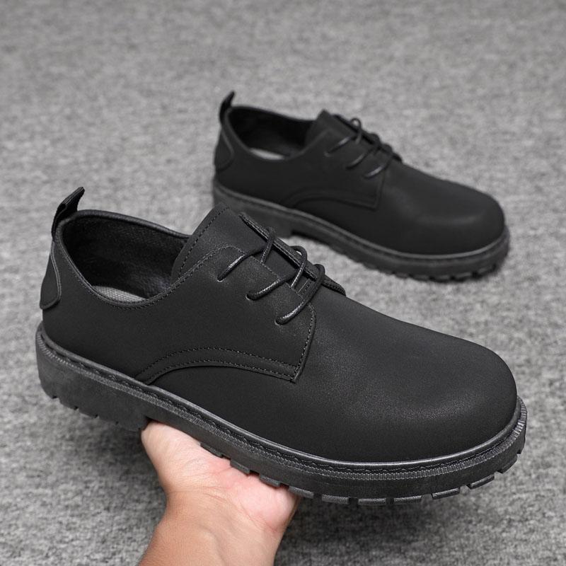Men's Casual Leather Shoes Spring Work Shoes Heightening Anti-slip Fashionable All-match Black Shoes for Office Wear