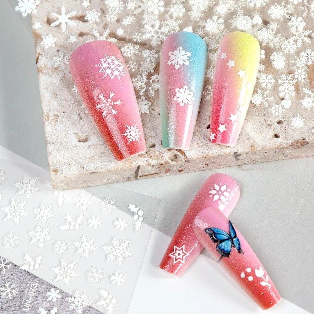 30 listů Vánoční samolepky na nehty Samolepící 3D Bílé obtisky na nehty s bílými vločkami Vánoční potřeby na nehty Vánoční Manikúra Posuvníky