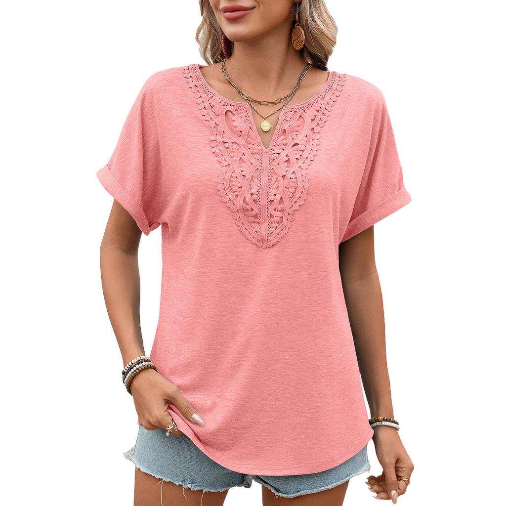 Spring Summer New Women's Solid Color V-Neck Lace Trim Loose Short Sleeve T-shirt Top For Cross-border Trade