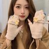 Cartoon Half Finger Gloves  Winter Mittens Cute Flip Plush Gloves  Winter