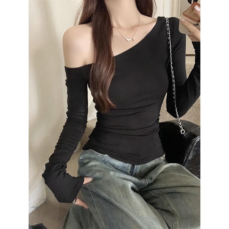 Spring Autumn Sloping Shoulders Sexy Fashion T-shirt Women Long Sleeve All-match Slim Tee Pullover Top
