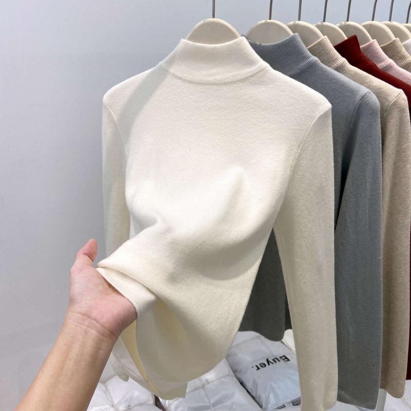 Angola red knitted bottoming shirt women's autumn and winter semi-turtleneck slim-fitting top soft waxy sweater