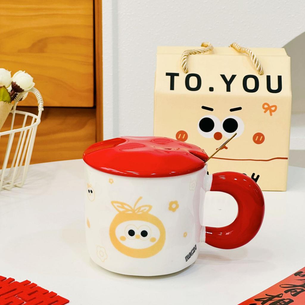 Small Orange with Lid Spoon Red Ceramic Cup Cartoon Cute High Value Mug Household Water Cup Set