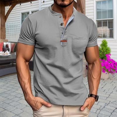 Yousheng Herren Sommer-Top mit Brusttasche Rundhalsausschnitt Kurzarm Geknöpft Einfarbig Pullover Mittellanges Hemd für Büro Dating Reise