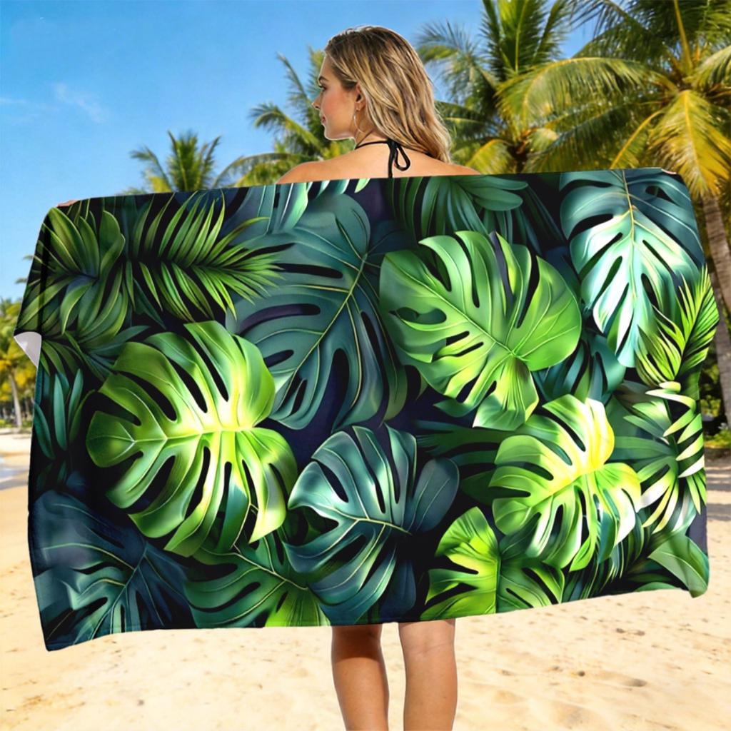 Tropische Blätter Strandtuch - Großer grüner Monstera-Druck, Weiche Mikrofaser Schnelltrocknend Sandfrei für Reise Pool Sommer