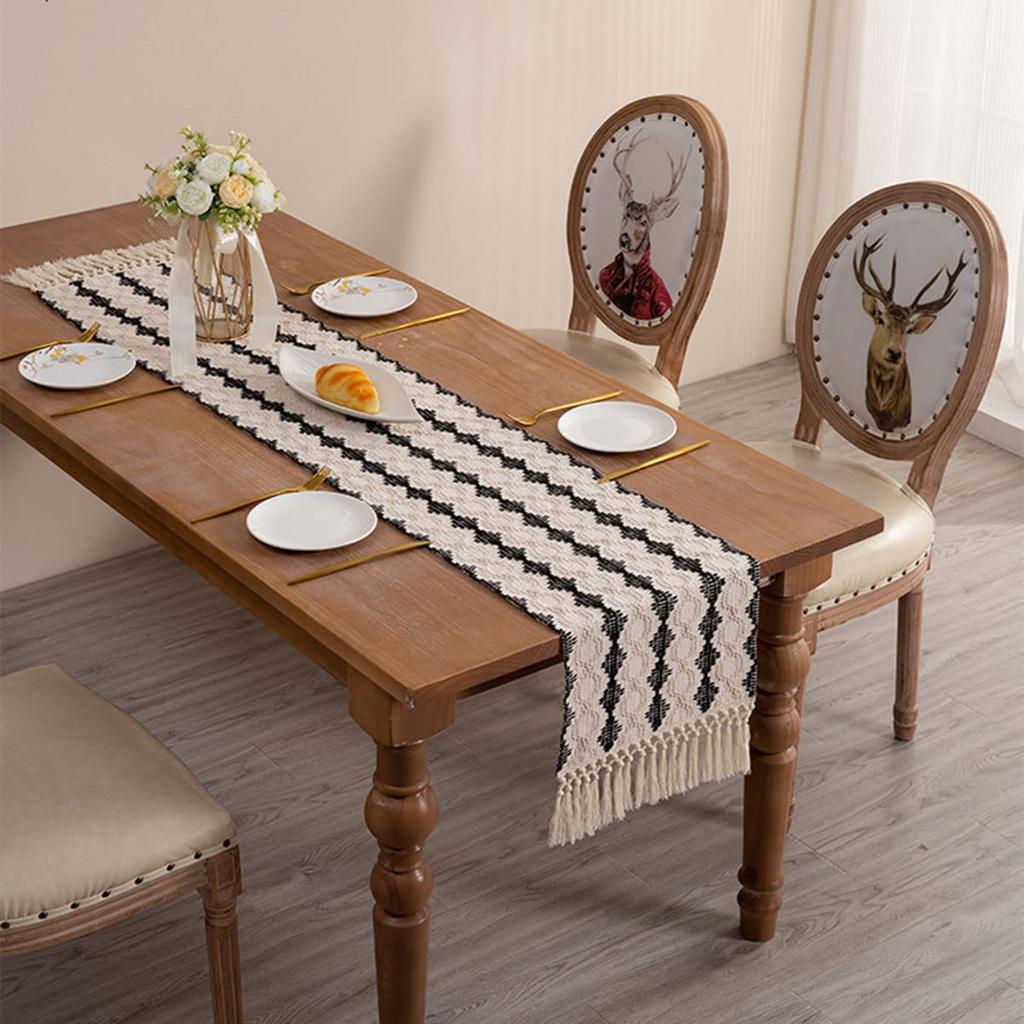 Bohemian Table Runner,Rustic Linen, Boho Table Runners,Braided Striped, Handmade Table Runners with Tassel for Wedding, Dinning