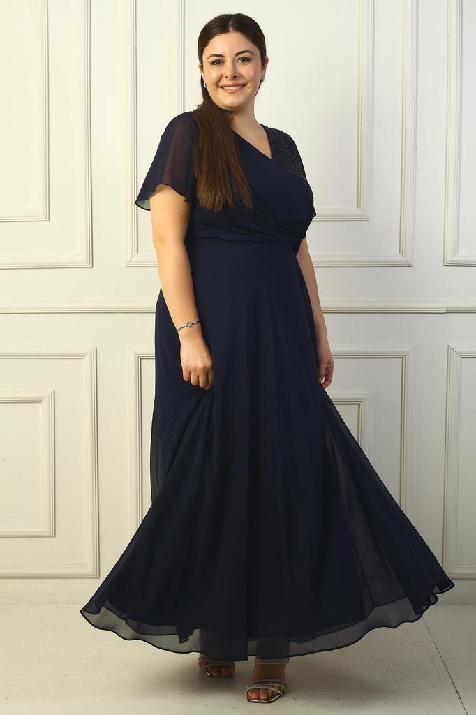 Women's Double-Breasted Front Knotted Sequin Detailed Lined Plus Size Long Chiffon Dress
