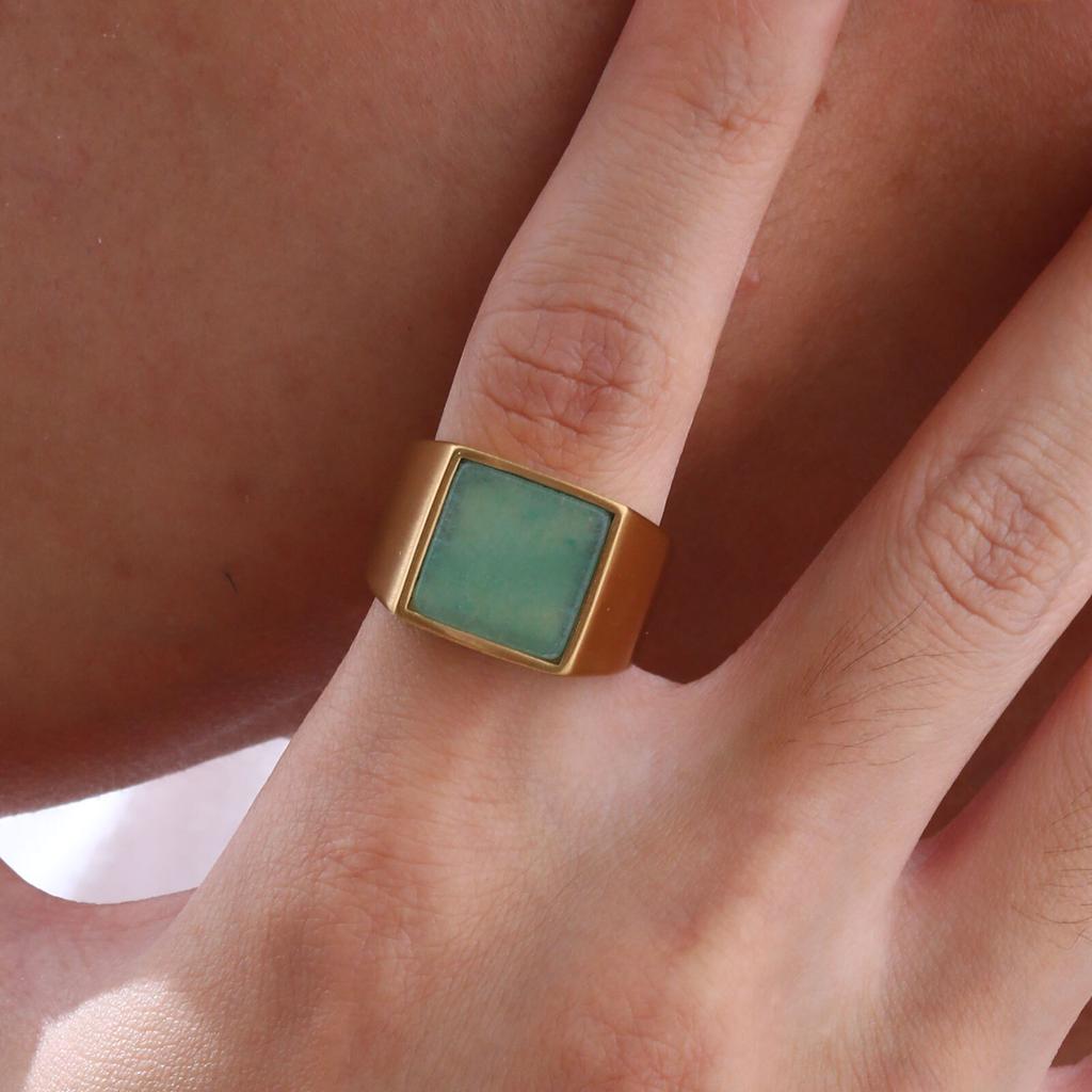 Natural Green Stone Ring for Men Boys,Gold Color Stainless Steel Stamp Ring Thumb Ring Square Ring,Punk Stylish Zircon Gift