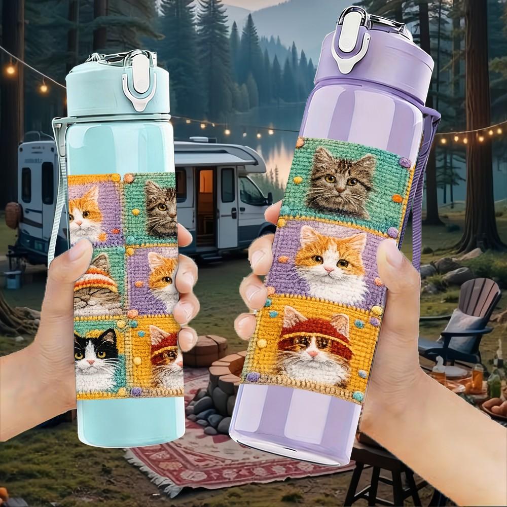 1PC Patchwork Tile With Multiple Cat Faces Print 750ml Color Plastic Sports Water Bottle Leakproof Flip Straw Lid Suitable for Sports Office Home Use