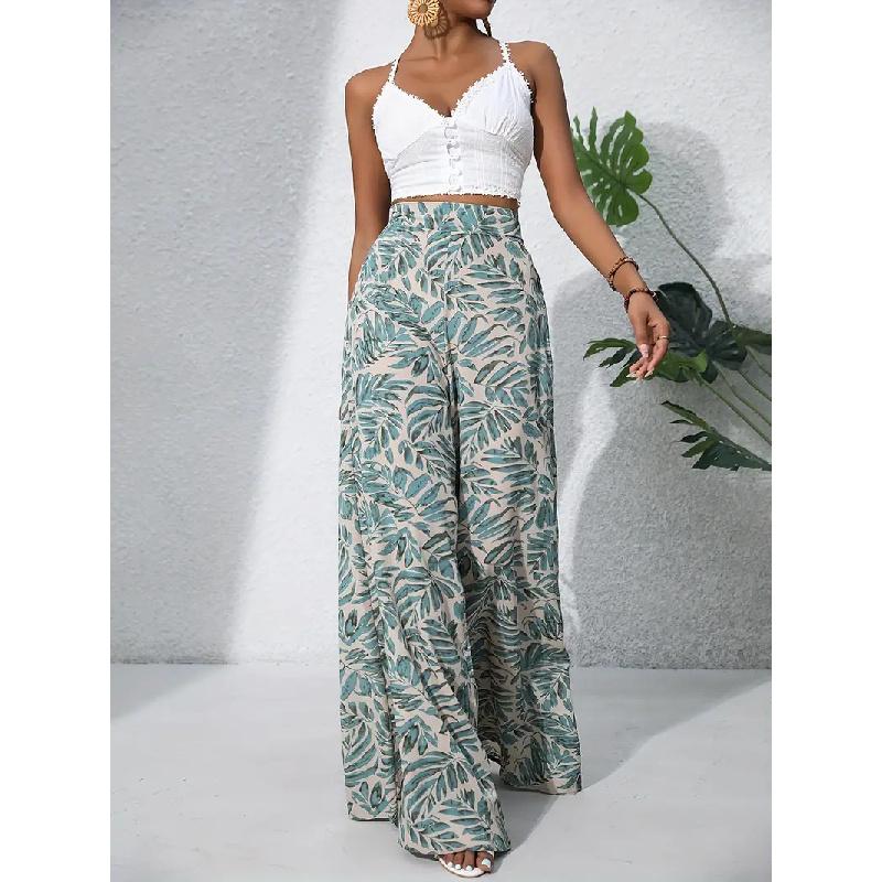 

2026 Summer New Printed Wide-Leg Pants, Fashionable and Elegant Vacation Style, Elastic Waist Wide-Leg Long Pants for Women XXL