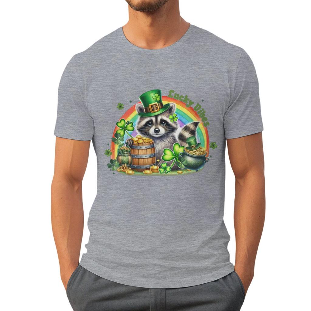 St Patricks Day Raccoon Shirt Lucky Vibes Short Sleeve Round Neck Tee Cartoon Lucky Raccoon St Patricks Day Unisex TShirt