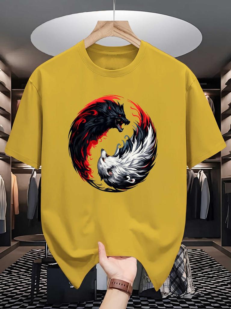 Unisex Crew Neck Tee Yin Yang Wolf Art Animal Graphic Print Soft Cotton Loose Short Sleeve Summer Casual Male Streetwear Tops