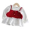 Girls Fall Red Fake Two Piece Long Sleeve T Shirt Sweet Versatile Baby Top Base Layer Shirt