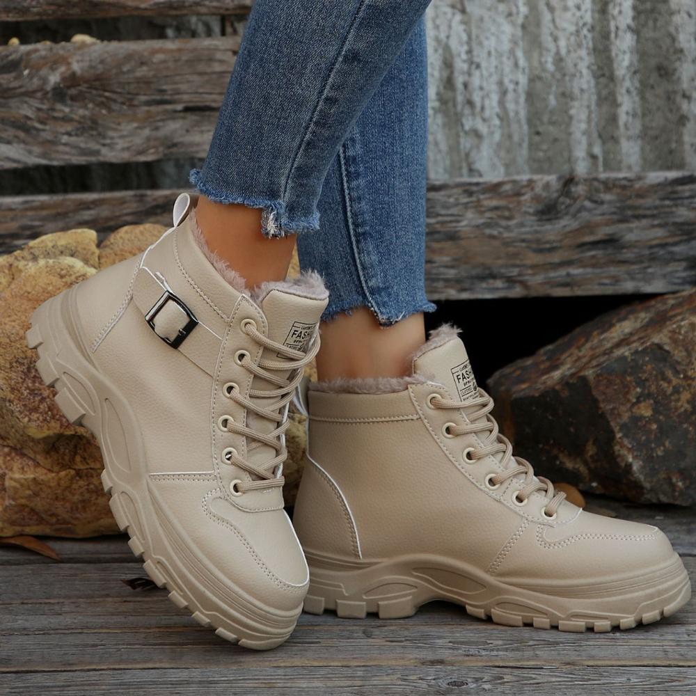 Front Lace Up Thick Soled Warm Casual Martin Boots, Low Cut Women's Leather Waterproof Snow Boots