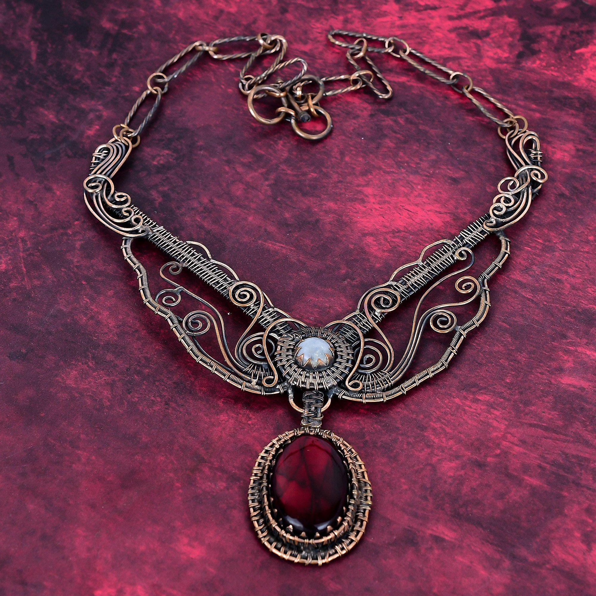 Red Fire Labradorite Gemstone Necklace Rainbow Moonstone Jewelry Copper Wire Wrapped Adjustable Chain Necklace Adjustable