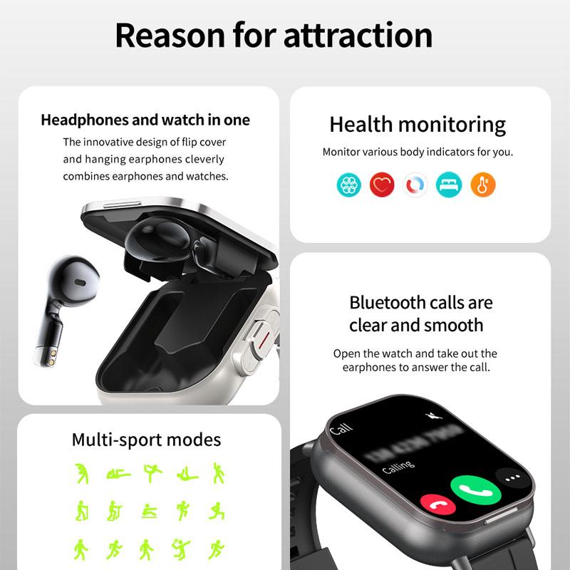 D8 Headset & Watch 2-in-1 Heart Rate Blood Pressure Blood Oxygen Bluetooth Call Activity Tracker Smart Watch For Men And Women