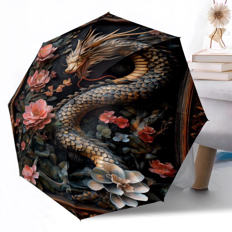 Dragon Artwork Outdoor Automatic Umbrella Sturdy 8 Rib Durable Plastic Iron Outdoor Daily Use Outdoor Accessory Perfect Gift Friends