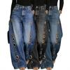 TK Metal Round Hole Casual Loose High Waist Wide Leg Jeans Women's Washed Cat Beard Ground White Jeans