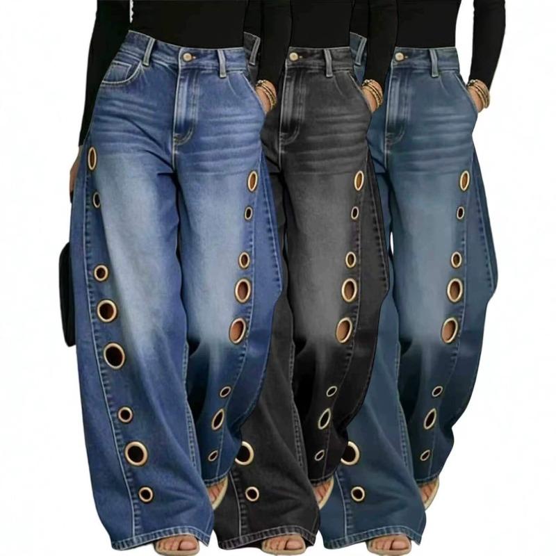 TK Metal Round Hole Casual Loose High Waist Wide Leg Jeans Women's Washed Cat Beard Ground White Jeans