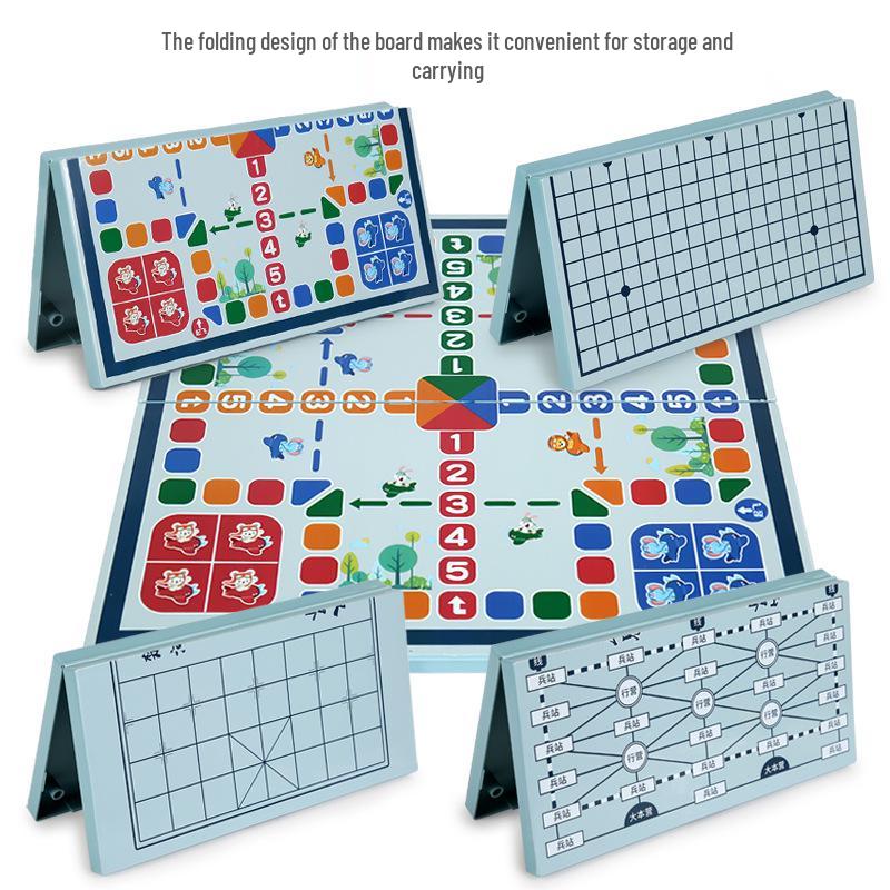 Five-in-a-Row Folding Educational Board Game for Kids: Tabletop Chess, Checkers, Flying Chess, and Go.