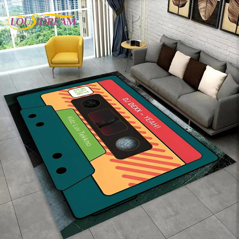 Alfombra de Área Grande con Patrón de Cinta de Cassette de Música Retro, Alfombra para Sala de Estar, Dormitorio, Sofá, Felpudo Decorativo, Felpudo Antideslizante