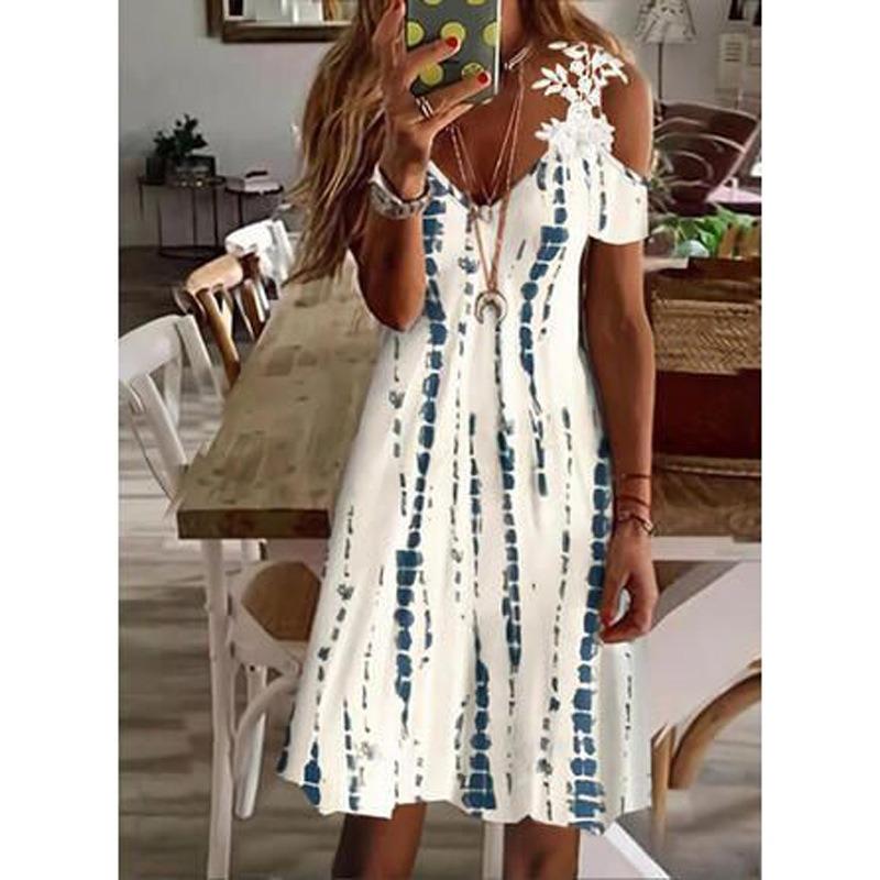 Vestido de Verano con Hombros Descubiertos de Encaje y Manga Corta Nuevo Estampado Holgado Casual Vestidos de Fiesta Moda Femenina Elegante Línea A Talla Grande Ropa Dulce
