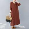 Retro Cotton and Linen V-neck Loose Long Sleeved Dress