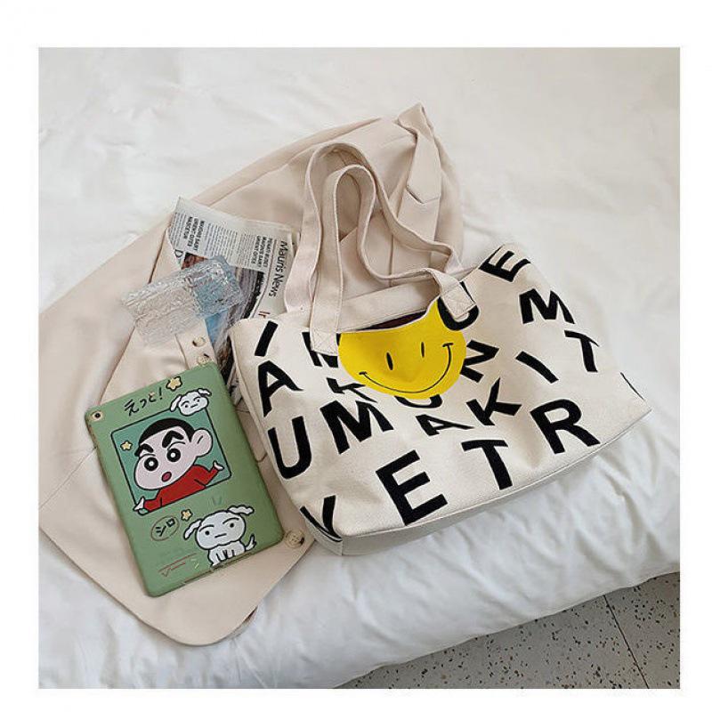 Women's Large Capacity Smiley Face Canvas Tote - Fashionable Single Shoulder Shopping Bag