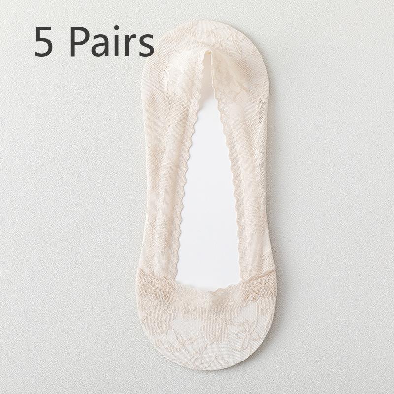 5 Pairs Spring and Summer Boat Socks for Women Thin Non-slip with Shallow Mouth Invisible Socks Lace Sweat Absorption Socks
