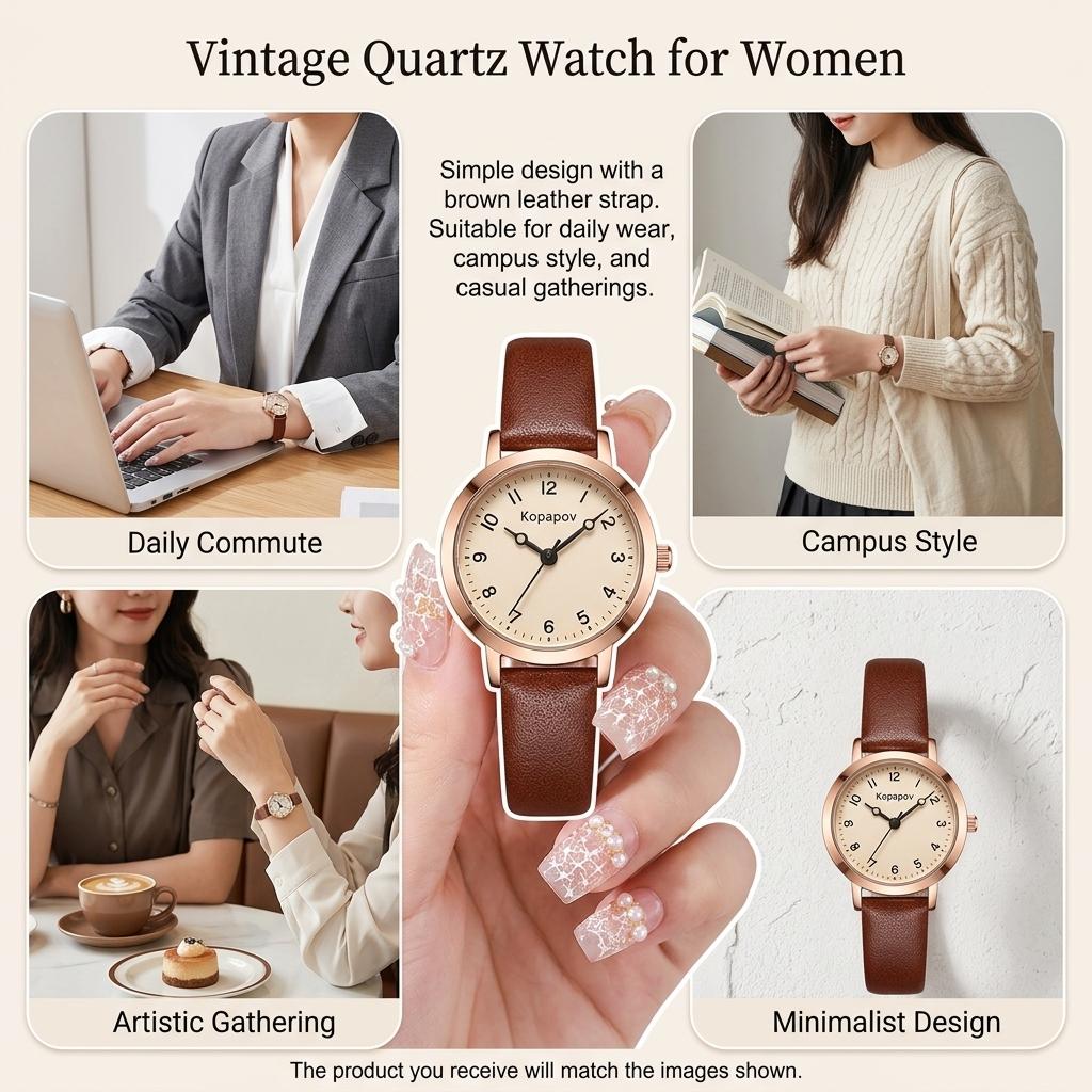 1 Pack Waterproof Retro Quartz-Watch for Women Vintage Faux Leather Strap Wristwatch with Alloy Case Mineral Glass Daily Wear