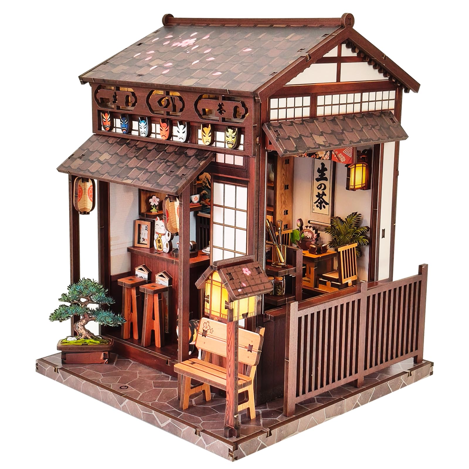Ganbale Dollhouse Japanese Style Wooden 3D Puzzle - Cherry Blossom Tree Teahouse Wooden Model Miniature House Kit - 3D Wood Puzzle with LED Light - Fo
