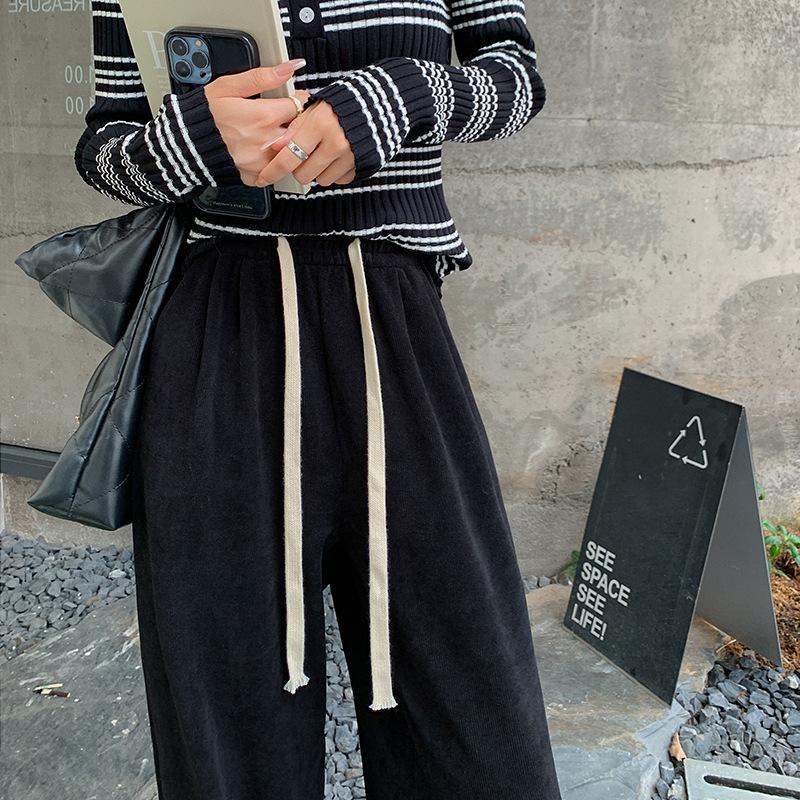 

European cotton lint wide-leg pants women s autumn and winter new high-waisted lace-up Yamamoto pants loose and drape casual sports straight pants S чёрный