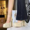 Wind round head satin word with high heels, light mouth waterproof table thick heel women's shoes, super high heel single shoes women