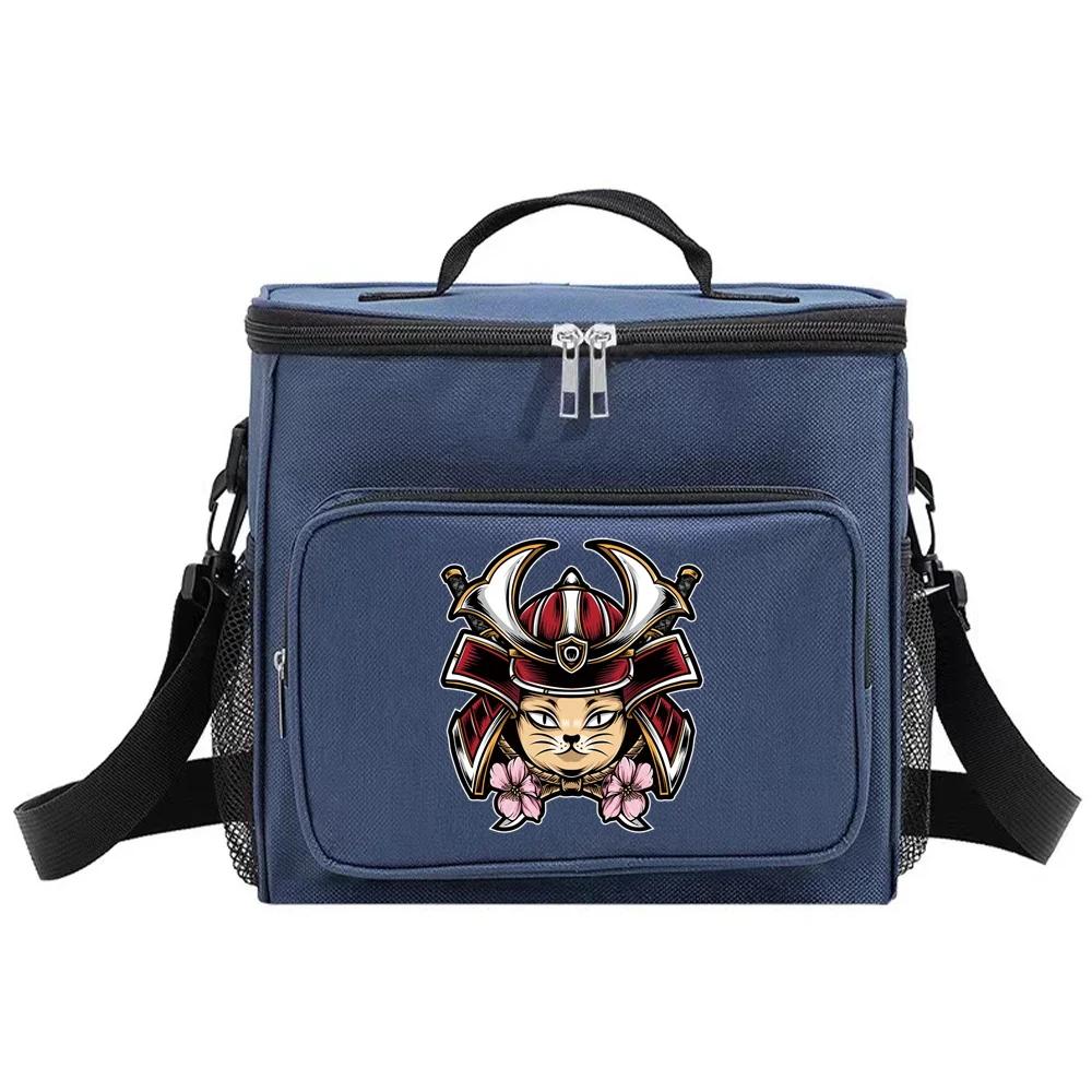 Student LunchBox Portable Cooler Shoulder Lunch Bags Thermal Organizer Handbag Outdoor Camping Storage Boxes Samurai Pattern