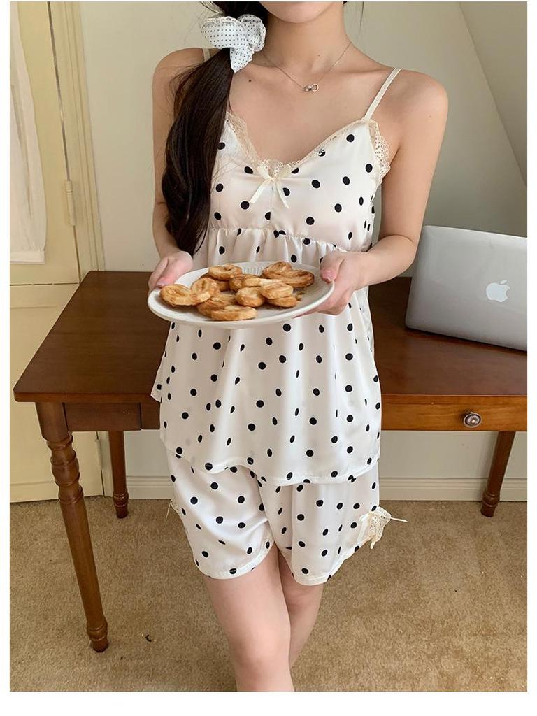 Ice Silk Ribbon Padded Bra & Short Sleeve Pajama Set for Women - Summer Camisole & Casual Home Wear