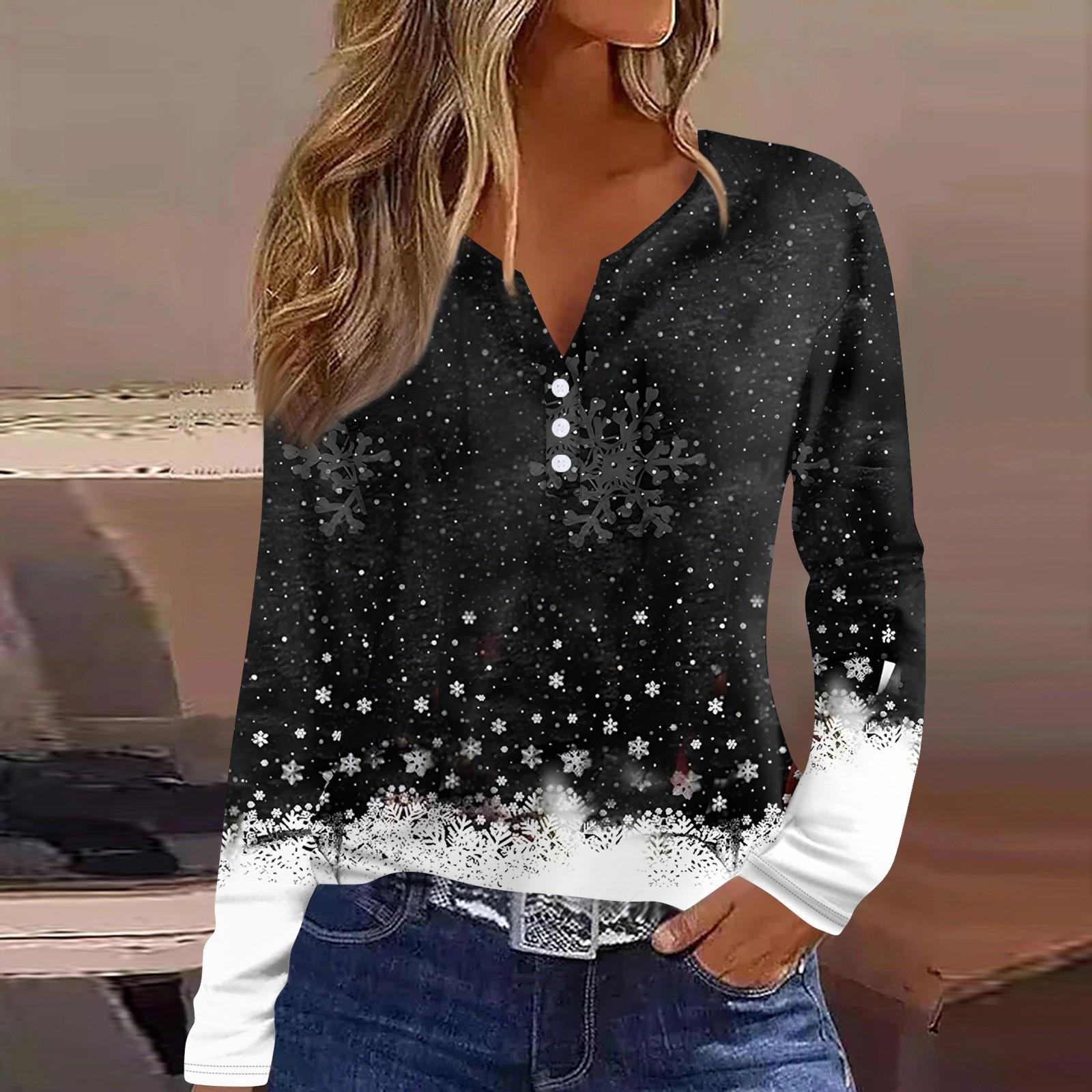 

Женская футболка с рождественским принтом на пуговицах с длинным рукавом, повседневная, выходного дня, модная, базовая, с V-образным вырезом, обычная L чёрный