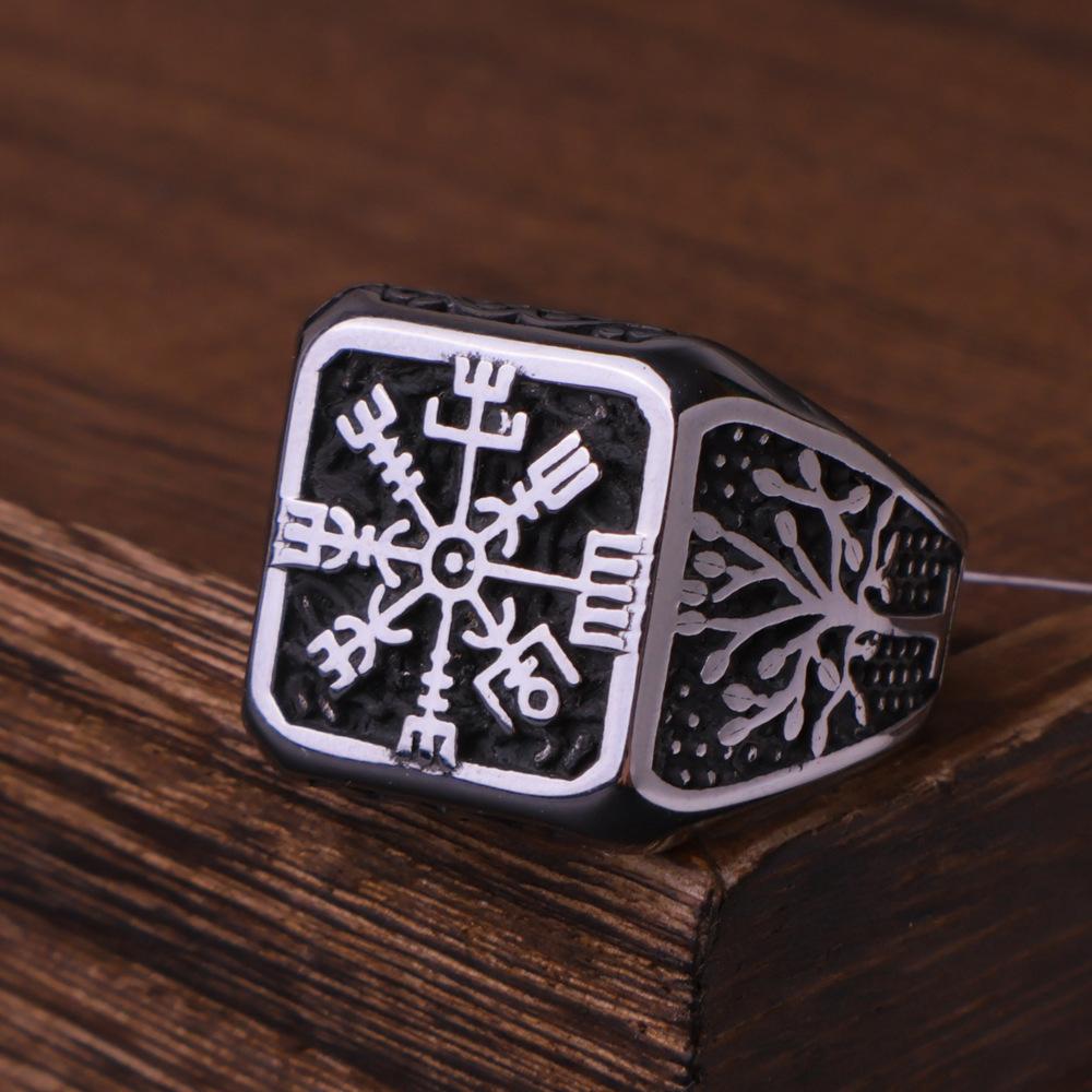 Vintage Wikinger Vegvisir Kompass Ringe für Herren Edelstahl Nordisch Odin Rabe Amulett Runenring Biker Schmuck