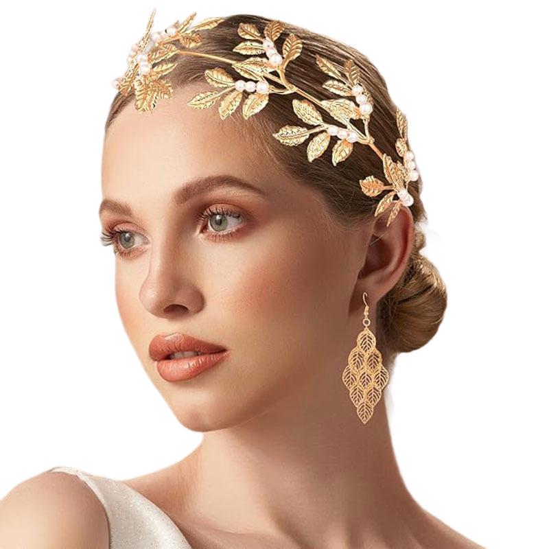 Gold Leaf Headband Hair Comb & Jewelry Set for Women: Includes Open Arm Bracelet, Pearl Earrings, and Necklace